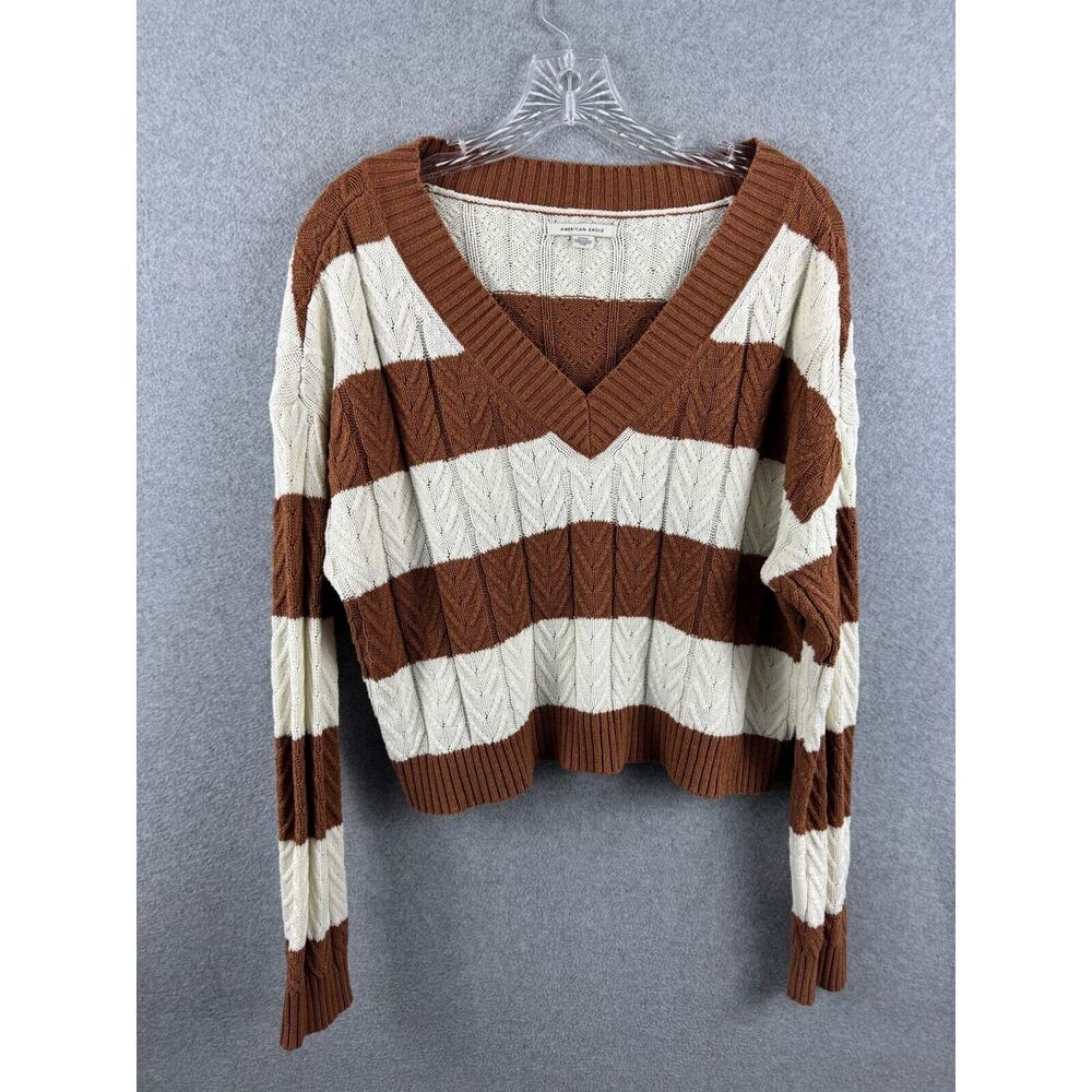 American Eagle Crop Sweater Women's S White Brown Stripes‎ V Neck Fall